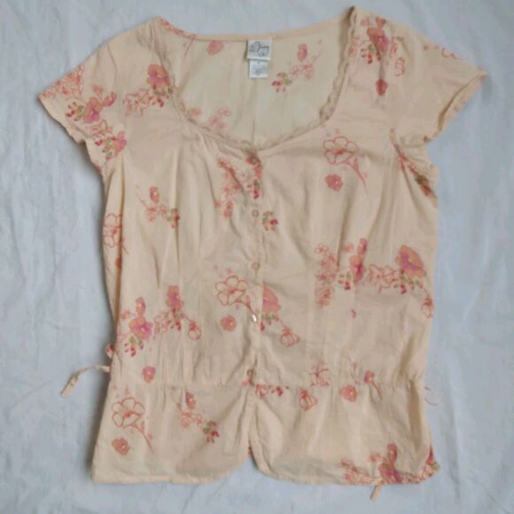 Fashion Bug Tops - 90s Y2K Fashion Bug Blouse Peach Floral Ties On The Sides Fairy Grunge Women's M